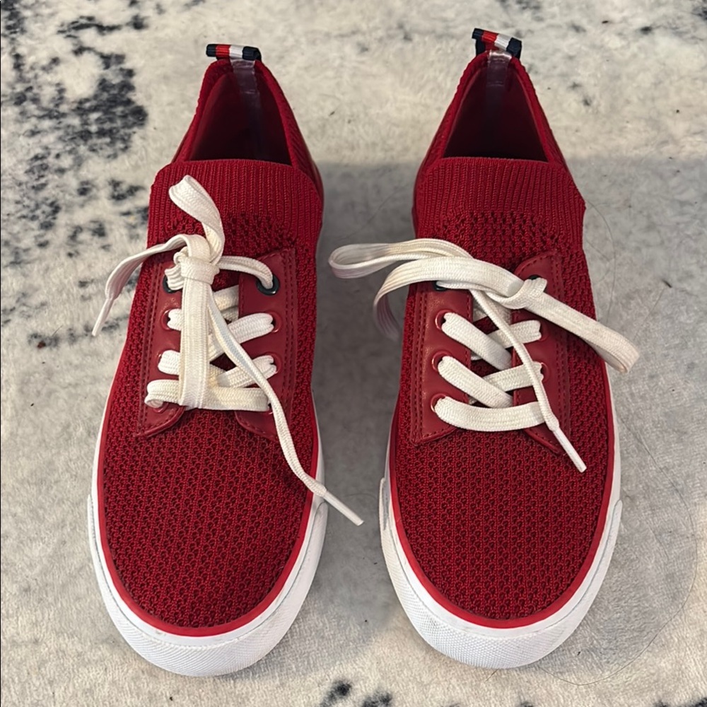 Red and White Gessie Sneakers with Slip-On Design